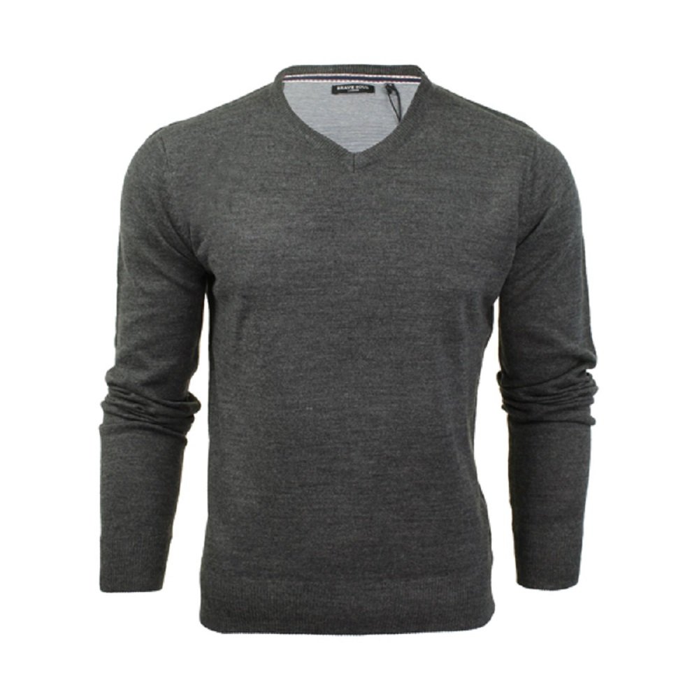 Brave Soul Men's Ubs-249Quazar-Dk-Charcoal 'Quazar' Knitted V-Neck Neck Jumper Sweater Top