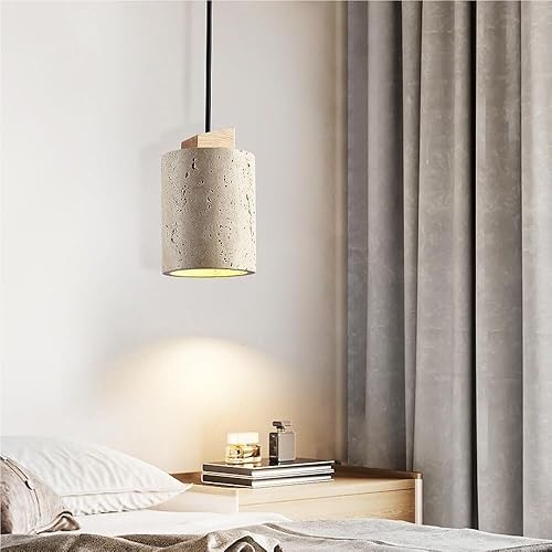 Miniatura 2 de Yellow Travertine Pendant Light Vintage Cylinder Hanging Lamp with E26E27 Base Japanese Style Solid Wood Chandelier for Kitchen Island Farmhouse