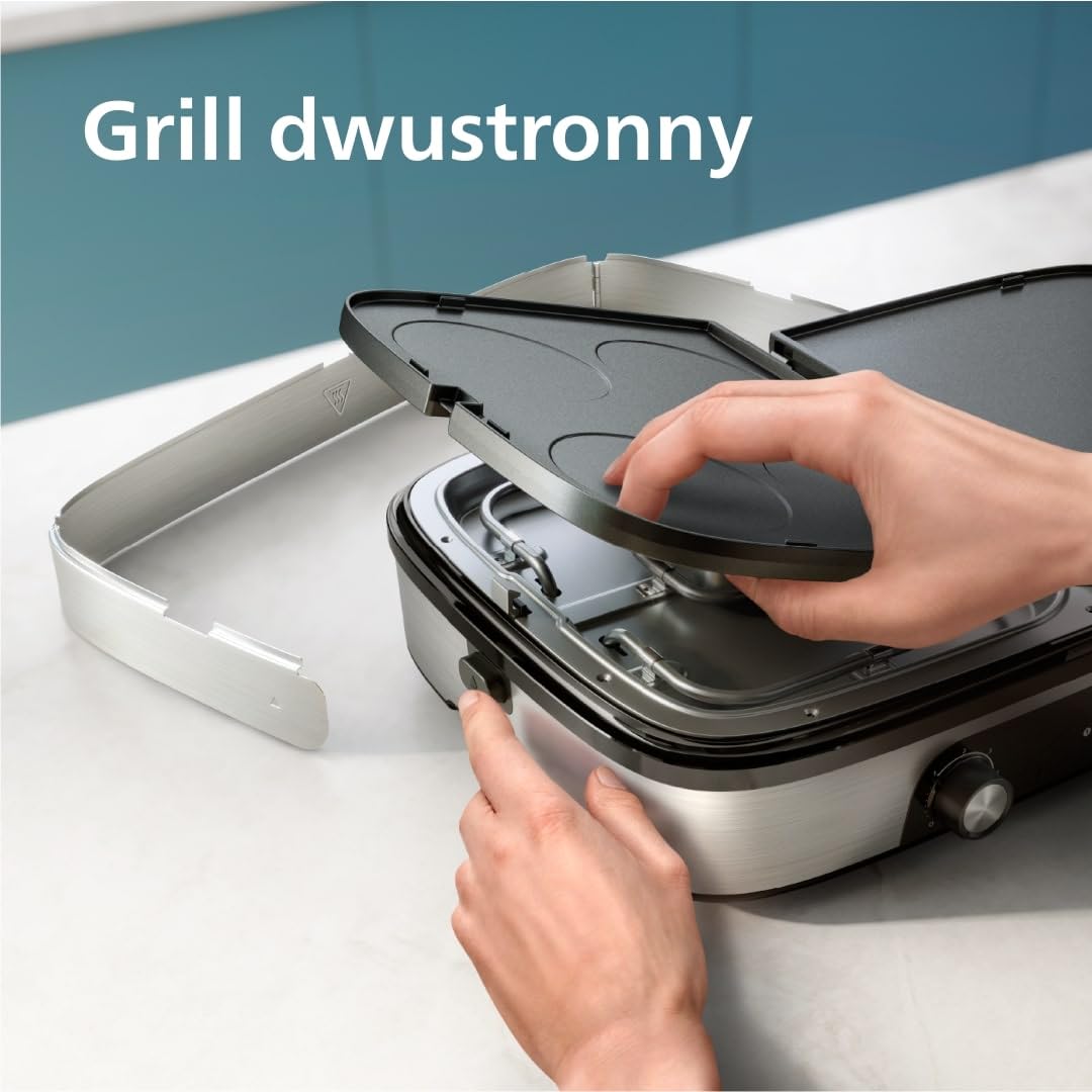 Philips Grill Stołowy Serii 5000 – Duża powierzchnia, Dwustronne płyty, 2 strefy grzewcze, Regulowana temperatura, 2400W, Nieprzywierająca powłoka, Możliwość mycia w zmywarce (HD6222/95)