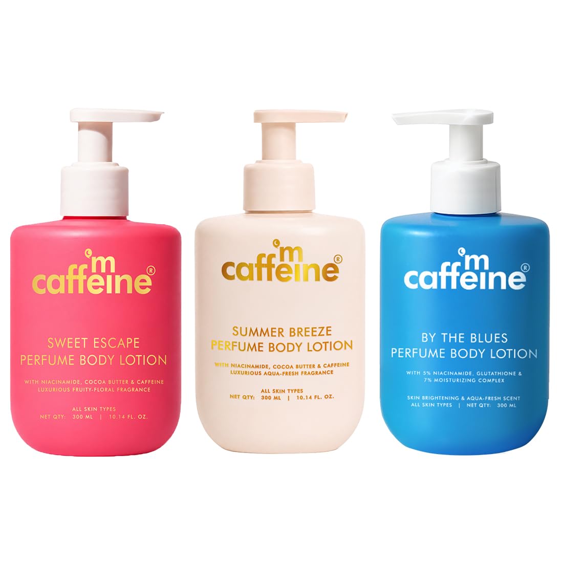 mCaffeine By the Blues Brightening, Sweet Escape & Summer Breeze Perfume Body Lotion | Niacinamide, Cocoa & Shea Butter | Deeply Moisturizes, Evens Skin Tone | Long Lasting Fragrance - 300mlx3 |-image-32
