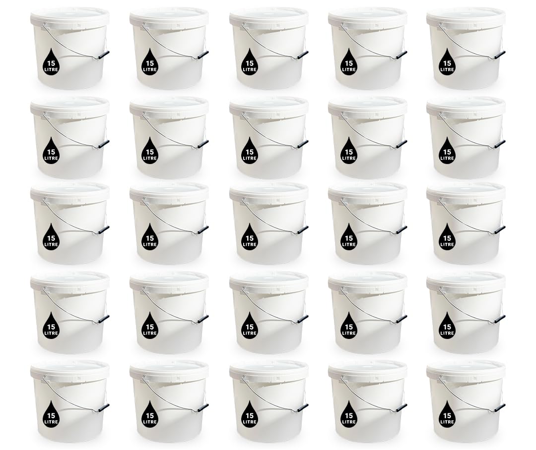 25 x 15L Plastic Bucket Pail + Handle & Lid - Heavy Duty ¦ Food Grade BPA Free ¦ Multi-use Fermentation Feed Dry Food Liquid Chemicals Hydroponics Storage Container WHITE