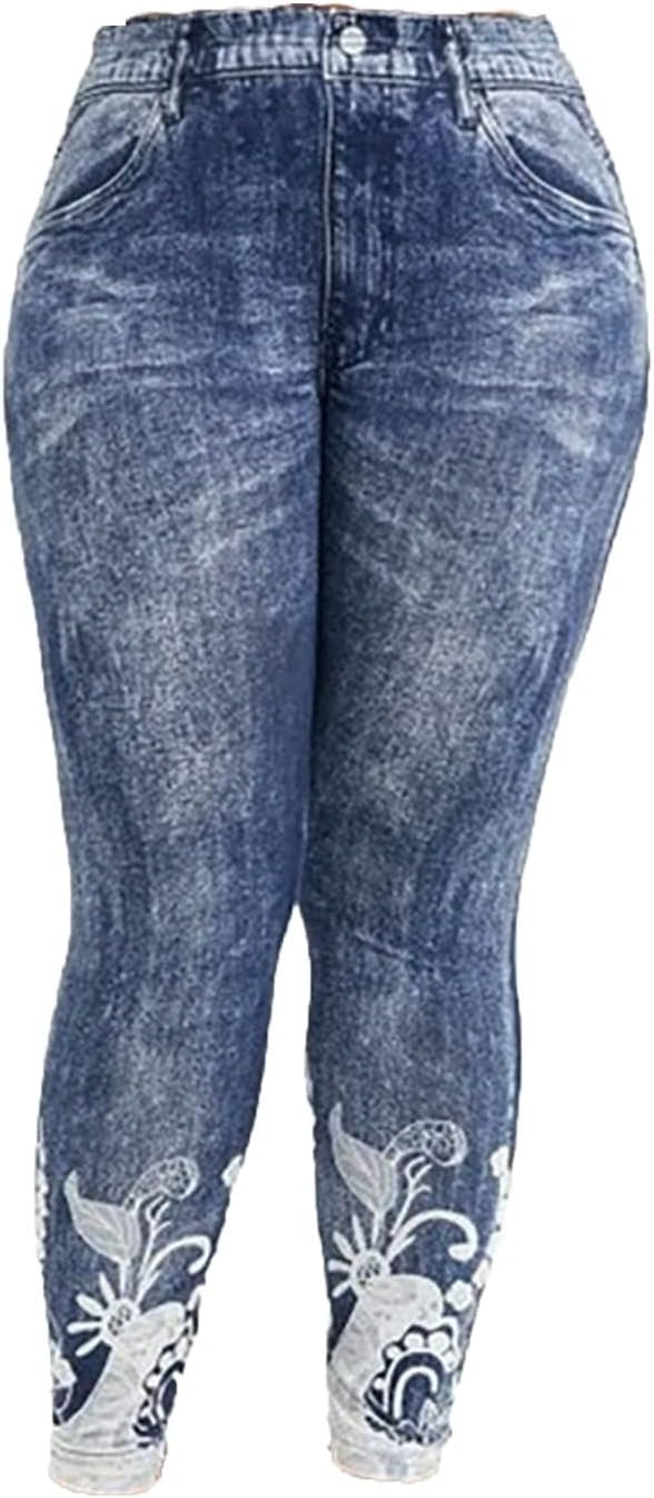 Women's Printed Hip Lift Slim Fit Denim Leggings Plus Size Tights Print Fake Denim Butterfly Printed Yoga Jean