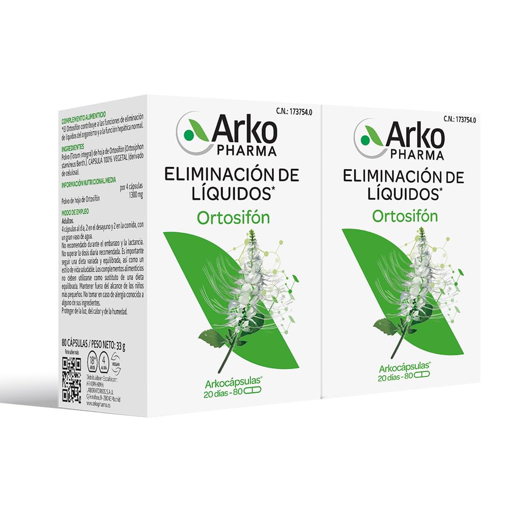 Arkopharma Arkocápsulas Ortosifón 160 Cápsulas Pack 80 X 2, Ayuda a Eliminar Líq