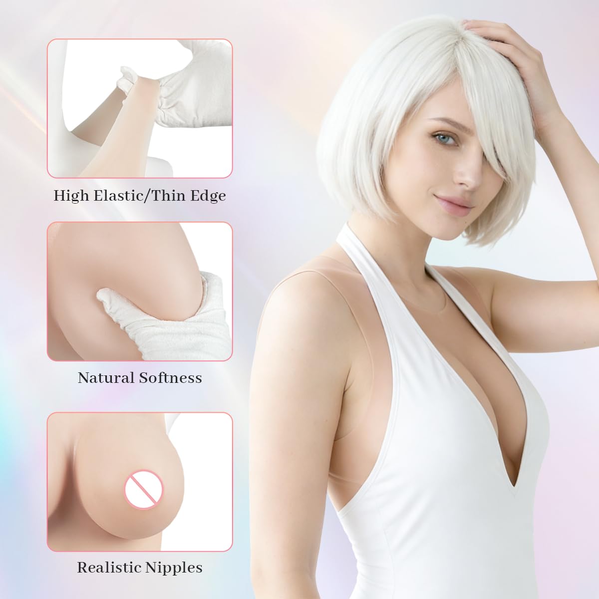 Minaky Faux Seins Silicone Col Rond Fournitures Mastectomie Silicone Réalistes pour Crossdresser Transgender Drag Queen