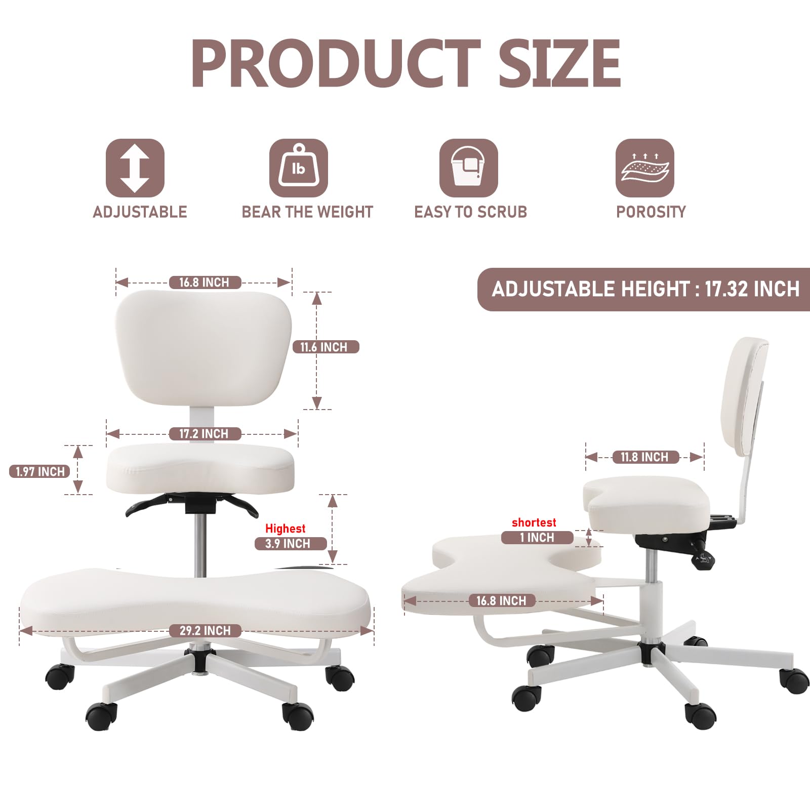 Ergonomischer Meditationsstuhl, ADHS-Stuhl mit Lendenwirbelstütze und Rädern, höhenverstellbar, Bürostuhl mit gekreuzten Beinen und Beinauflage, Criss Cross Chair (weiß)