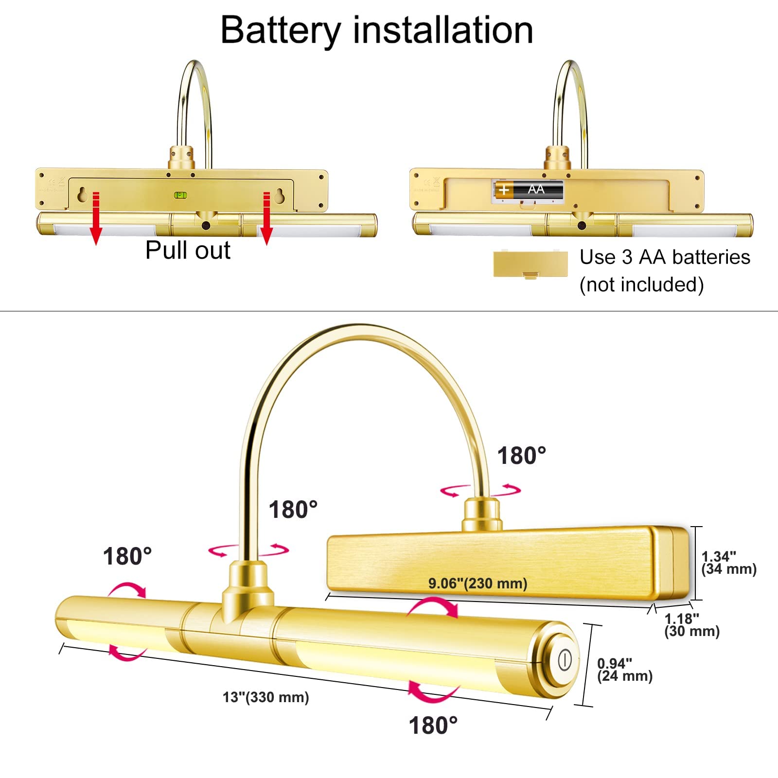BIGLIGHT Drahtlose Bildleuchte mit Fernbedienung, Batteriebetriebene Drahtlose Wandleuchte, 13 Zoll 180° Drehbarer Lampenkopf mit 3-Beleuchtungsmodi, Dimmbares Display-Golden