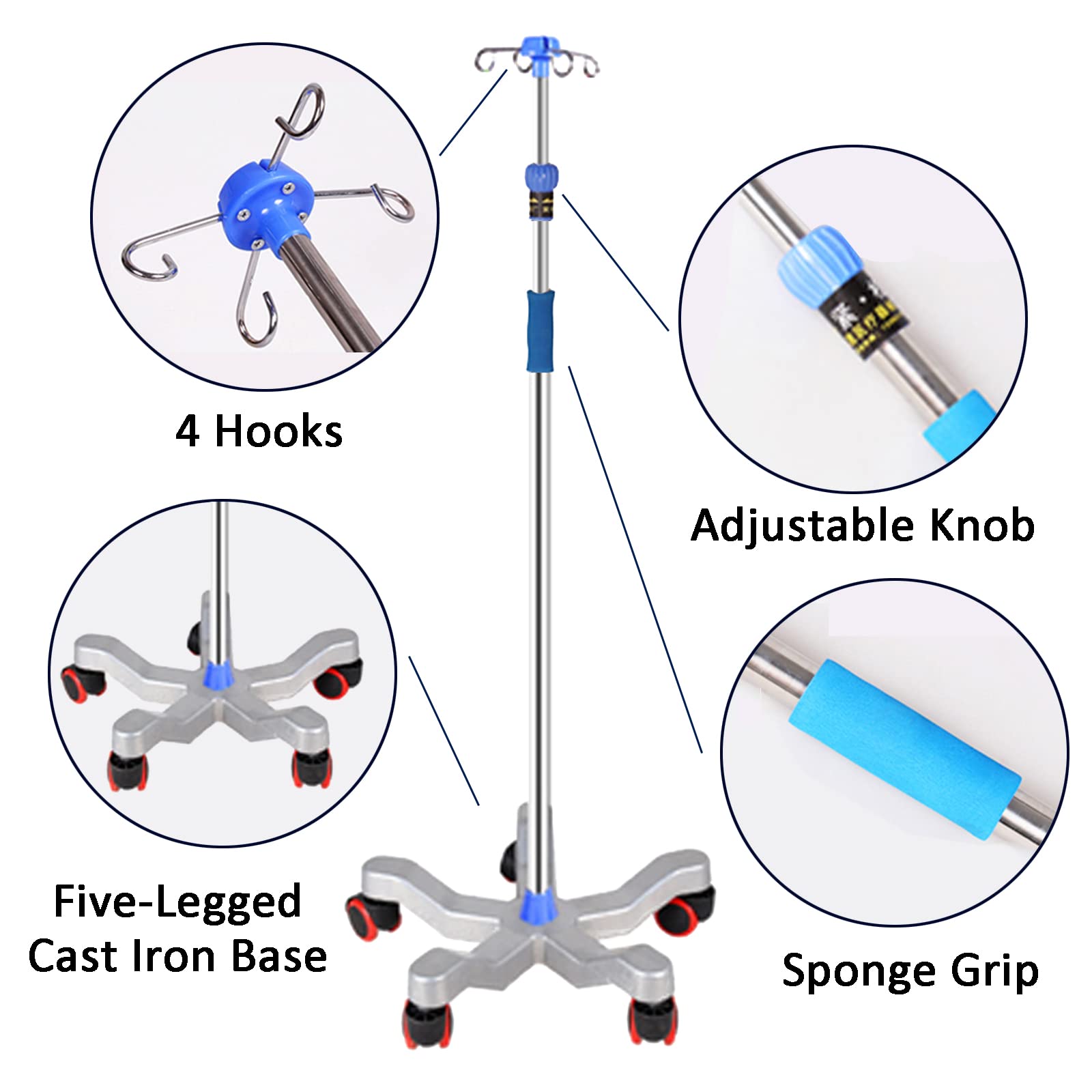 Support de Perfusion médical rétractable Portable Support de Perfusion médical réglable en Hauteur Support de Perfusion Pliable avec 4 Crochets pour hôpital, Clinique privée et Maison
