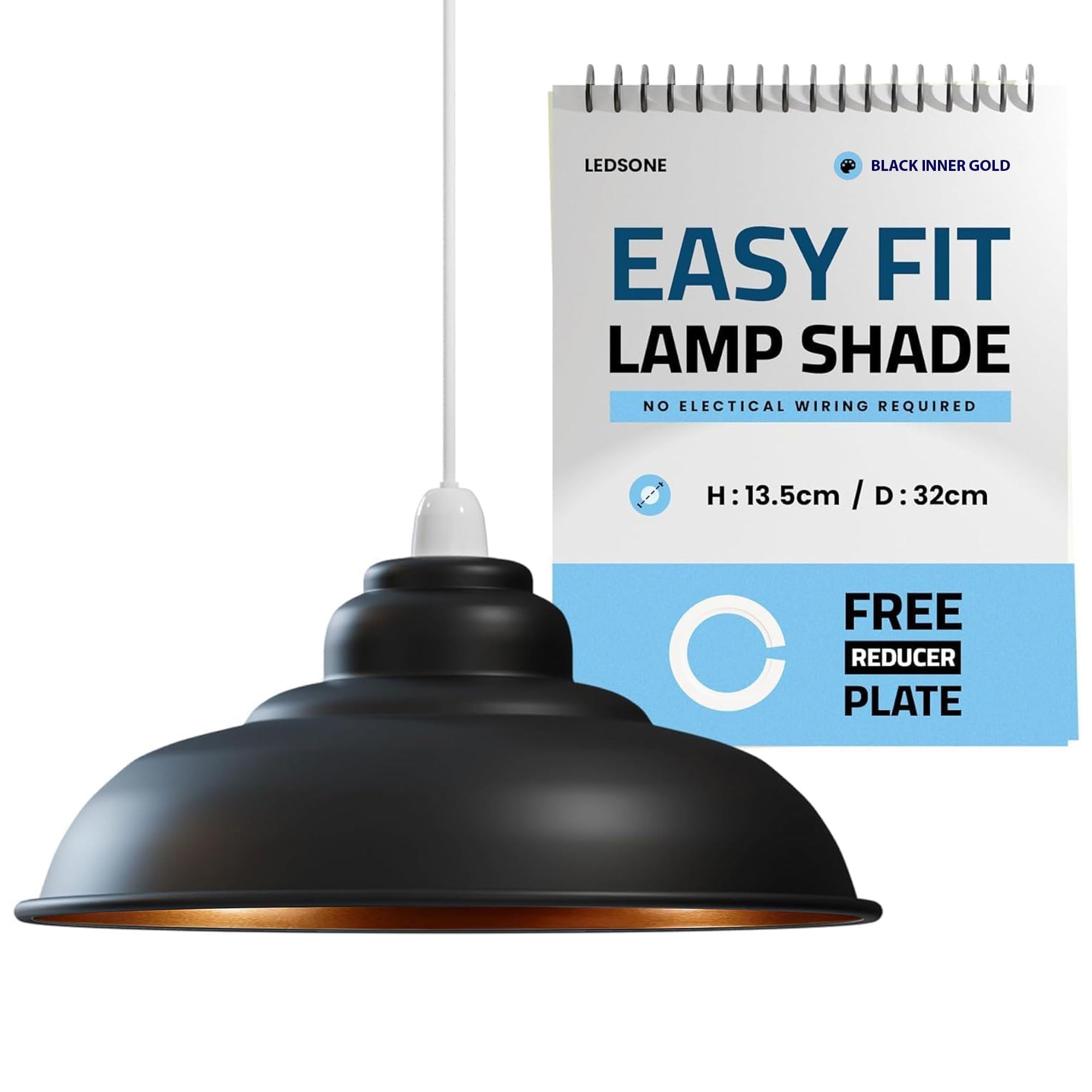 LEDSONE Modern 32cm Black Gold Inner Industrial Lamp Shade Semi Curvy Pendant Light Diffuser Easy Fit Ceiling Light Cover Replacement for Pendant Lighting, Wall or Table Lamps Home or Office Use