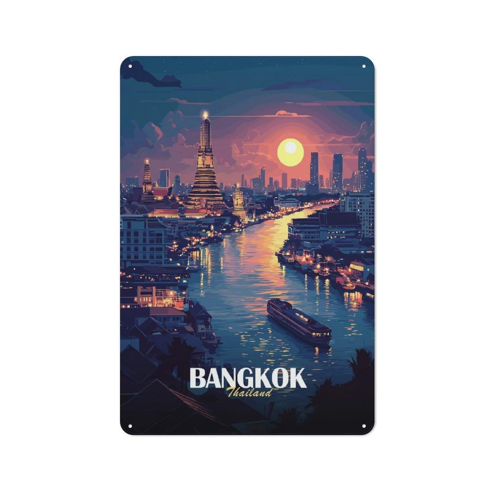 Junmoney Style-10 Workshop Style Garage Metal Sign 30X20cm Featuring Bangkok Thailand Cityscape At Sunset, Industrial Wall Art For Workshop, Basement, Shed Or Games Room