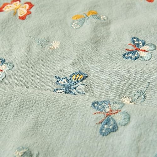 Material for Sewing Pastoral Style Butterfly Embroidered Cotton Linen Fabric Women's Dress Luggage Bag Decorative Sewing(Light Blue)