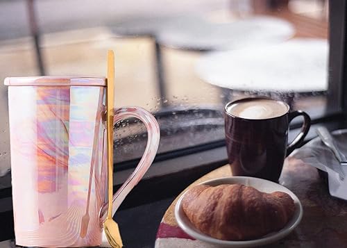 Miniatura 4 de YUESITE Taza de café de cerámica de 12 onzas, tazas altas de café iridiscentes, lindas tazas de café de cerámica para mujeres Mon, aptas para