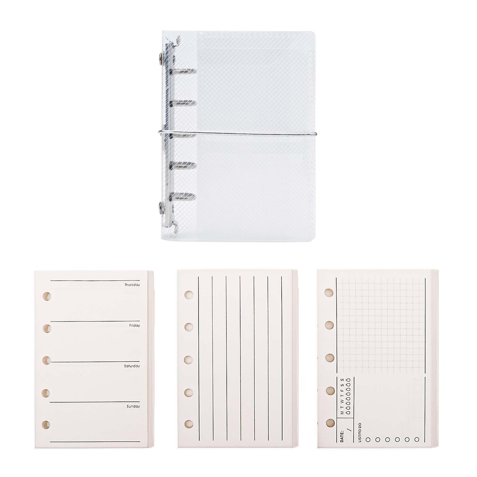 AxeWoodz Clear A8 Binder PP Trifold Binder 5 Rings Loose Leaf Binder Notebook with 120 Sheets A8 Refill Paper (Vertical Lined&to Do List&Weekly Plan)