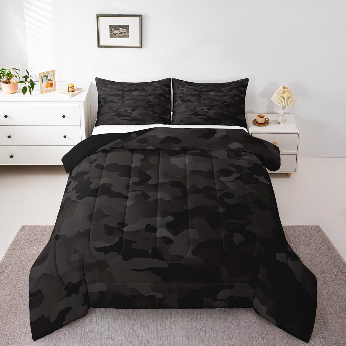 Black Grey Camo Comforter Set, Camouflage Bedding Set King Size For Kids Boys Teens Youth Bedroom, Abstract Campaign Camo Quilted Duvet Soft
