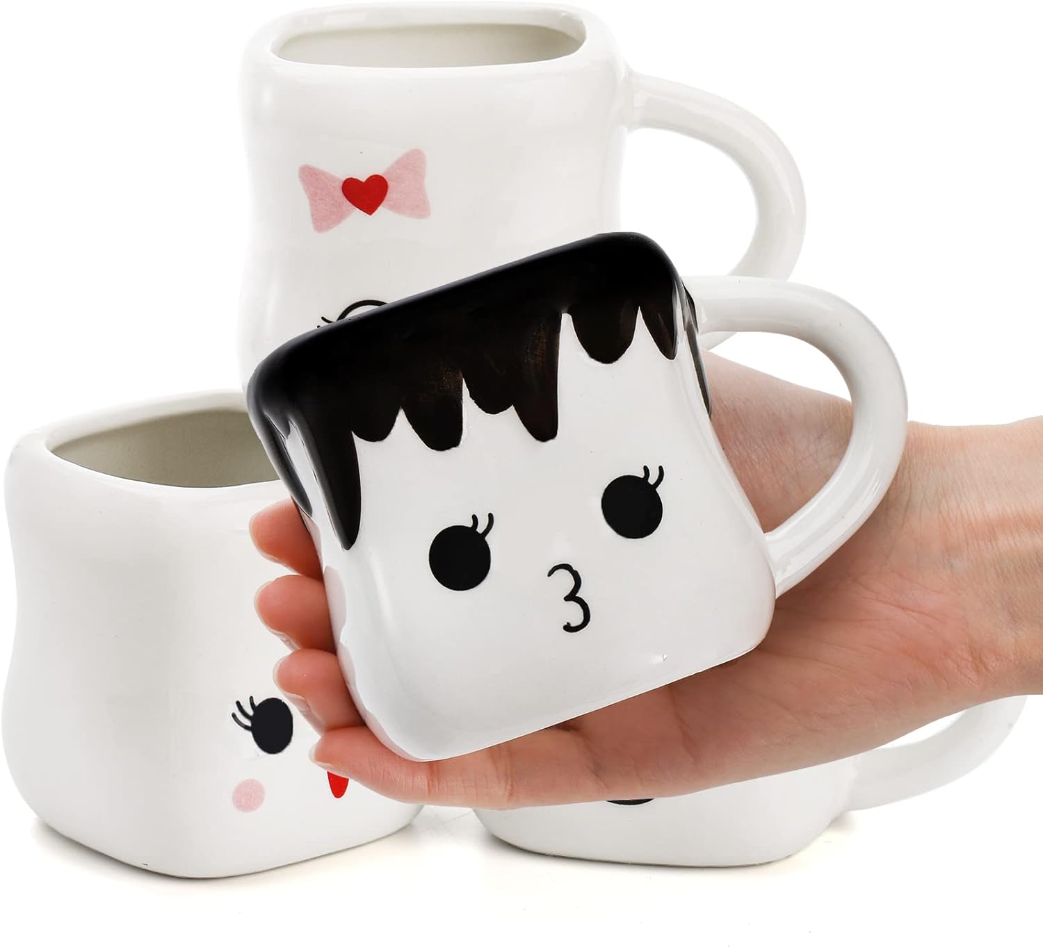 Hedume Set of 4 Cute Ceramic Hot Chocolate Mugs with Handle, Coffee Mug Set, Couple Matching Mugs, Perfect for Anniversary Christmas Wedding Valentine's Day - Image 3