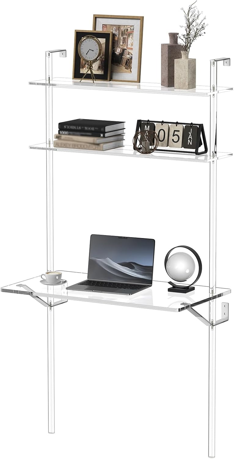 HMYHUM Acrylic Wall Mount Desk, Clear Ladder Desk with Open Shelves, Floating Desk for Laptop, Computer, Study, Writing, Vanity Table, Modern, 36" L x 19.7" W x 69.99" H