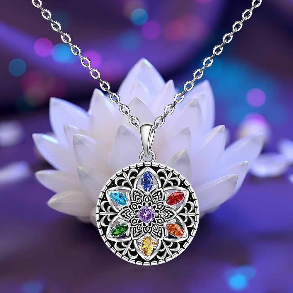 Mandala Chakra Necklaces for Women Sterling Silver Lotus Flower 7 Chakra Necklace Pendant Yoga Gifts Mandala Jewelry - Image 8