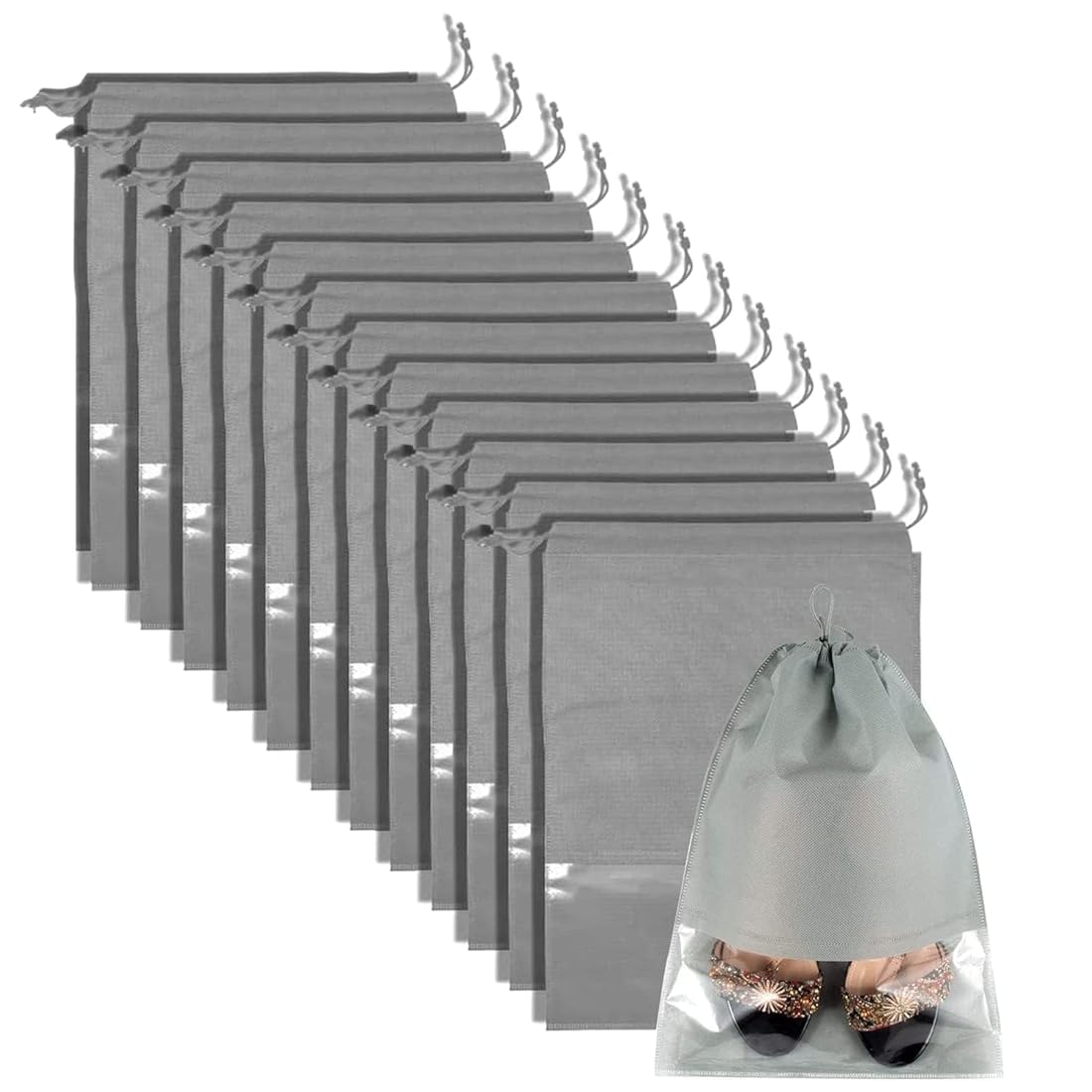 Shoe Storage Bags with Clear Window, Set of 12, Grey Drawstring Dust Bags for Footwear Organisation-image-43