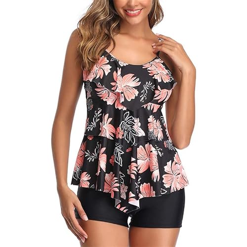 Dariobee Traje de Baño Mujer Tankinis Dos Piezas Flores Impresión Volantes Top y Short Conjunto de Bañador Mujer Tallas Grandes Ropa de Playa - Rosa - S