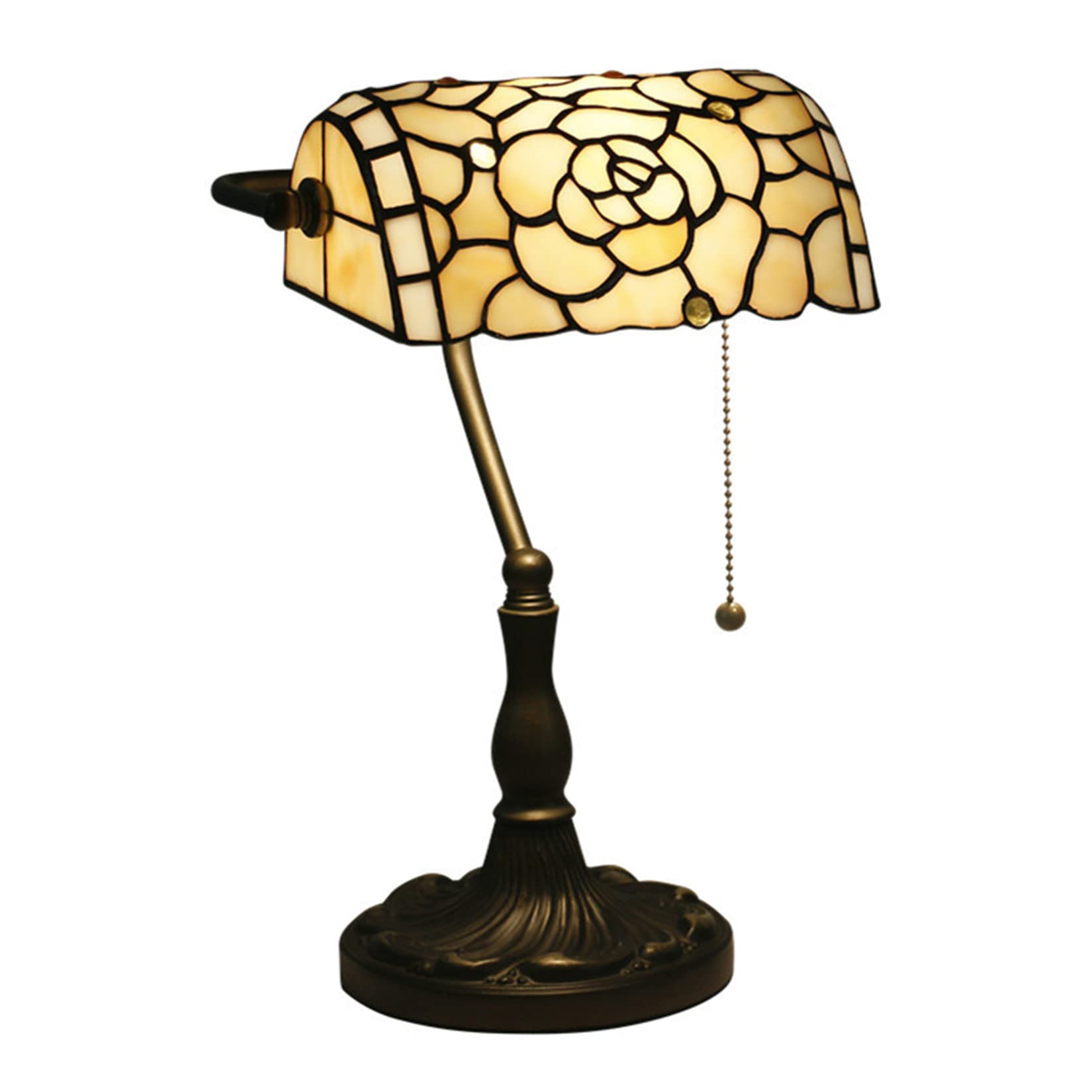 Lampada da banchiere, Lampada da Tavolo o scrivania in Vetro colorato con Rosa Beige Bianca, Lampada da Pianoforte, Lampada da Comodino per Camera da Letto per Ragazza Amante, Base in Lega con