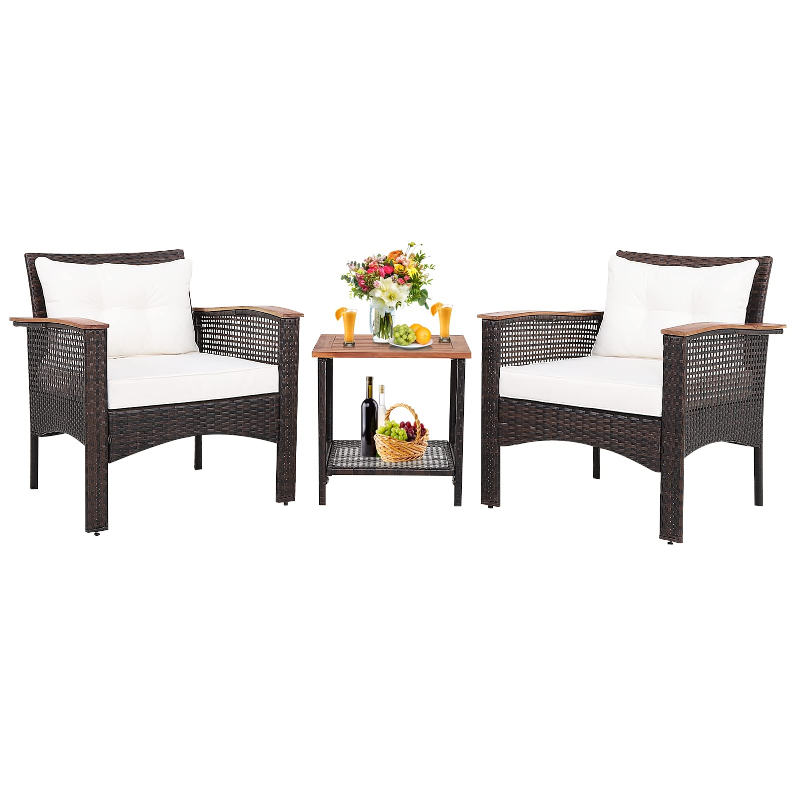 COSTWAY 3-Piece Rattan Bistro Set, Acacia Wood Garden Sofa Table Set with 2-Tier Slatted Coffee Table & Cushions, Outdoor Wicker Conservatory Furniture Set for Backyard Poolside Terrace