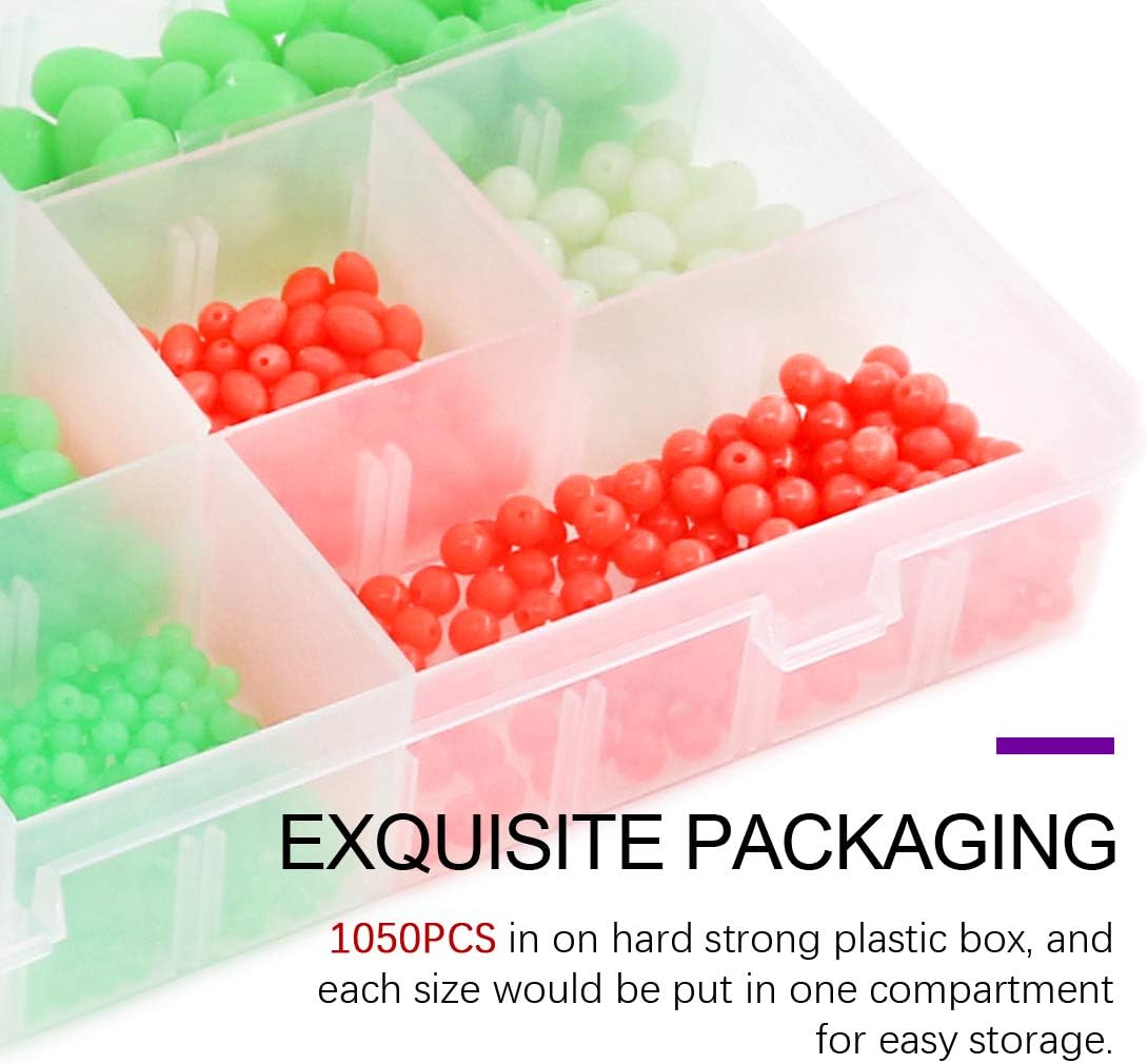 Swpeet 1050Pcs Plastic Oval Shaped Luminous Fishing Beads Assortment Kit, Soft Rigging Lures Baits Tackle Tools Floats Set for Rig (Pack of 2)