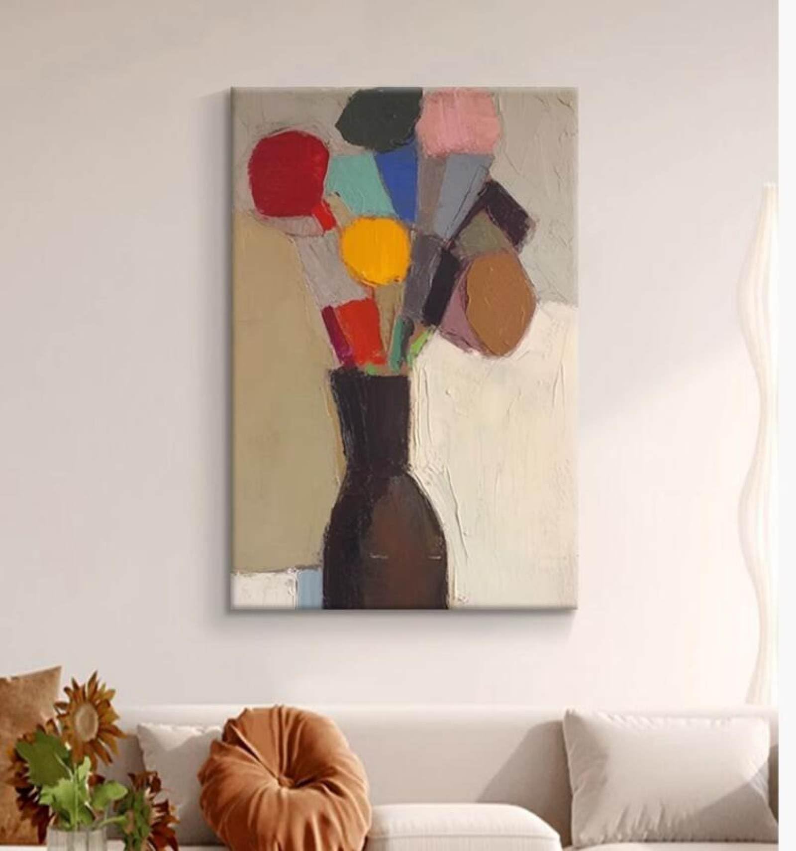 Peintures à l'huile sur toile abstraites de vase floral texturé pour tableau mural maison
