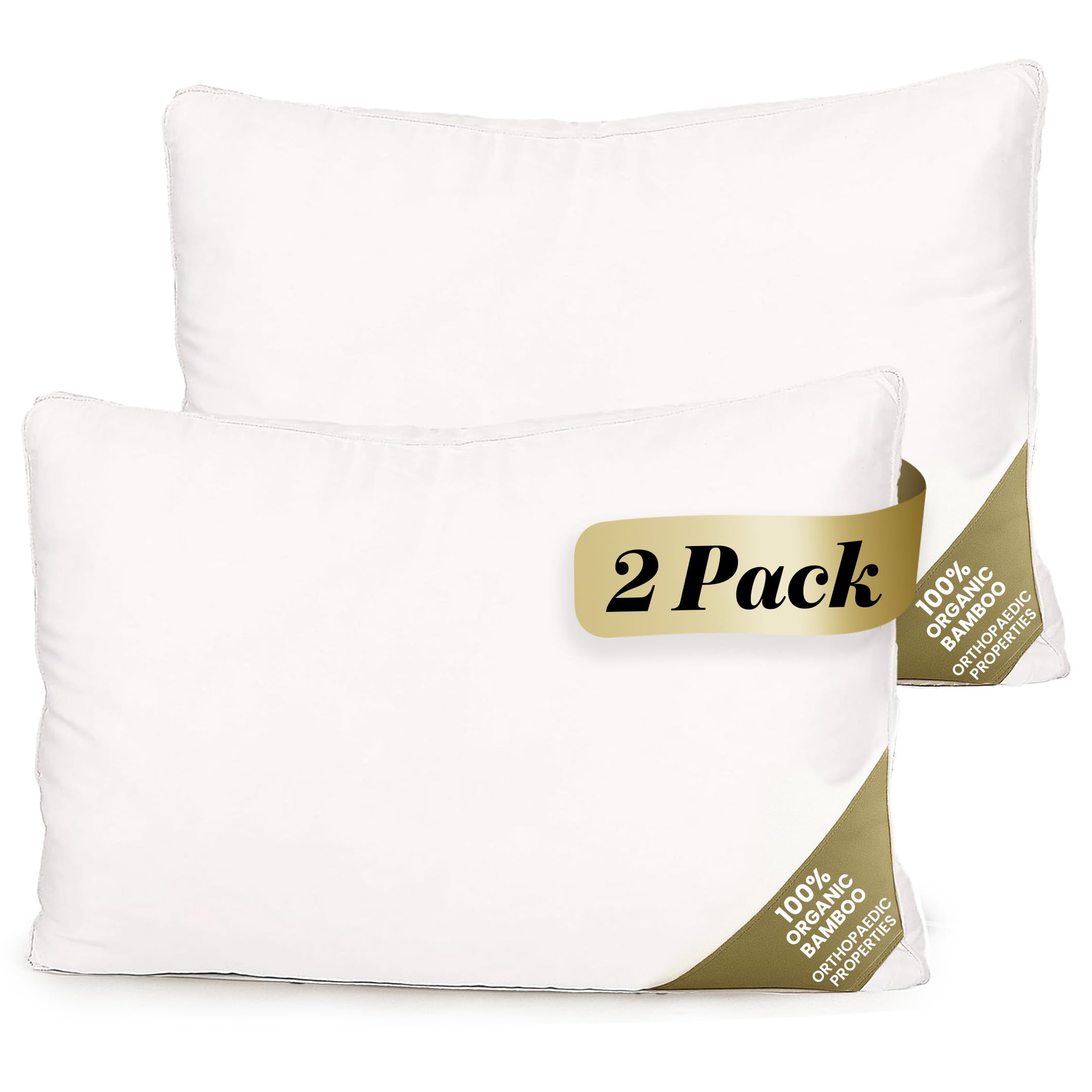 LuxBedCo Luxury Bamboo Pillow Pack of 2 - Luxury Soft Bed Pillow with 100% Bamboo Fibre Filling & Cotton Casing - Head & Neck Support - Cooling in the Summer, Warming in the Winter