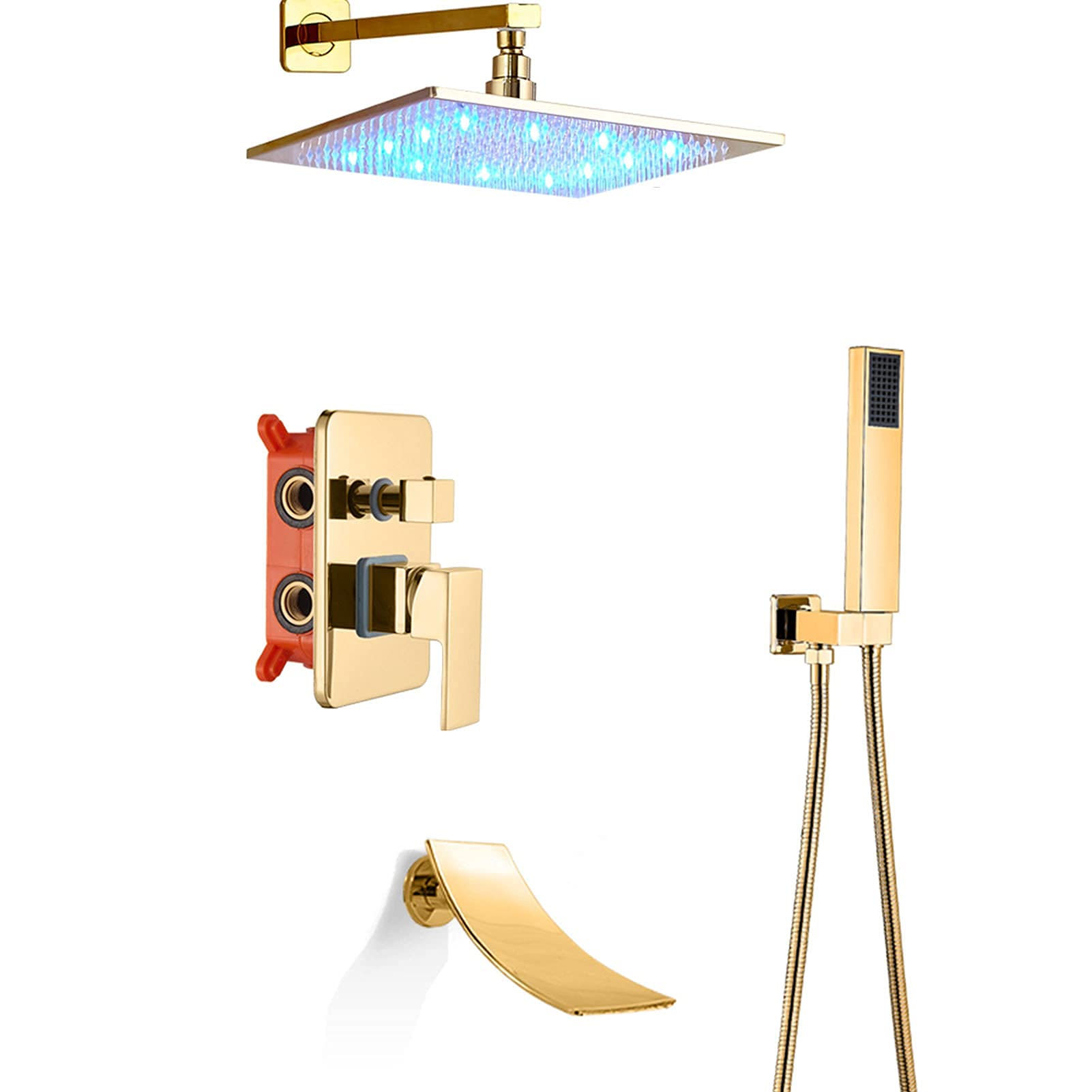 CWCQGH Shower Faucet Set Gold, Brass Shower System with LED Light Rainfall Shower Head, Handheld Shower and Waterfall Tub Spout Faucet, 3 Way Mixer Valve,Ceiling Mounted 16inch,Wall Mounted 10inch