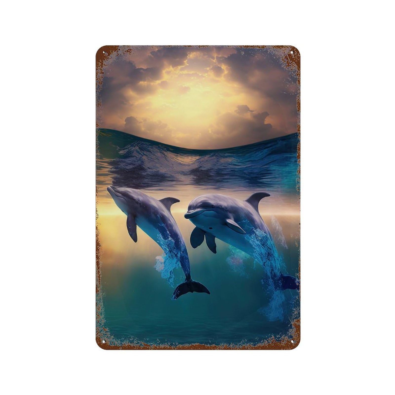 Distressed Metal Wall Sign Dolphins Swimming 11.8"x7.9", Rustic Home Decor for Farmhouse, Kitchen And Entryway Decor