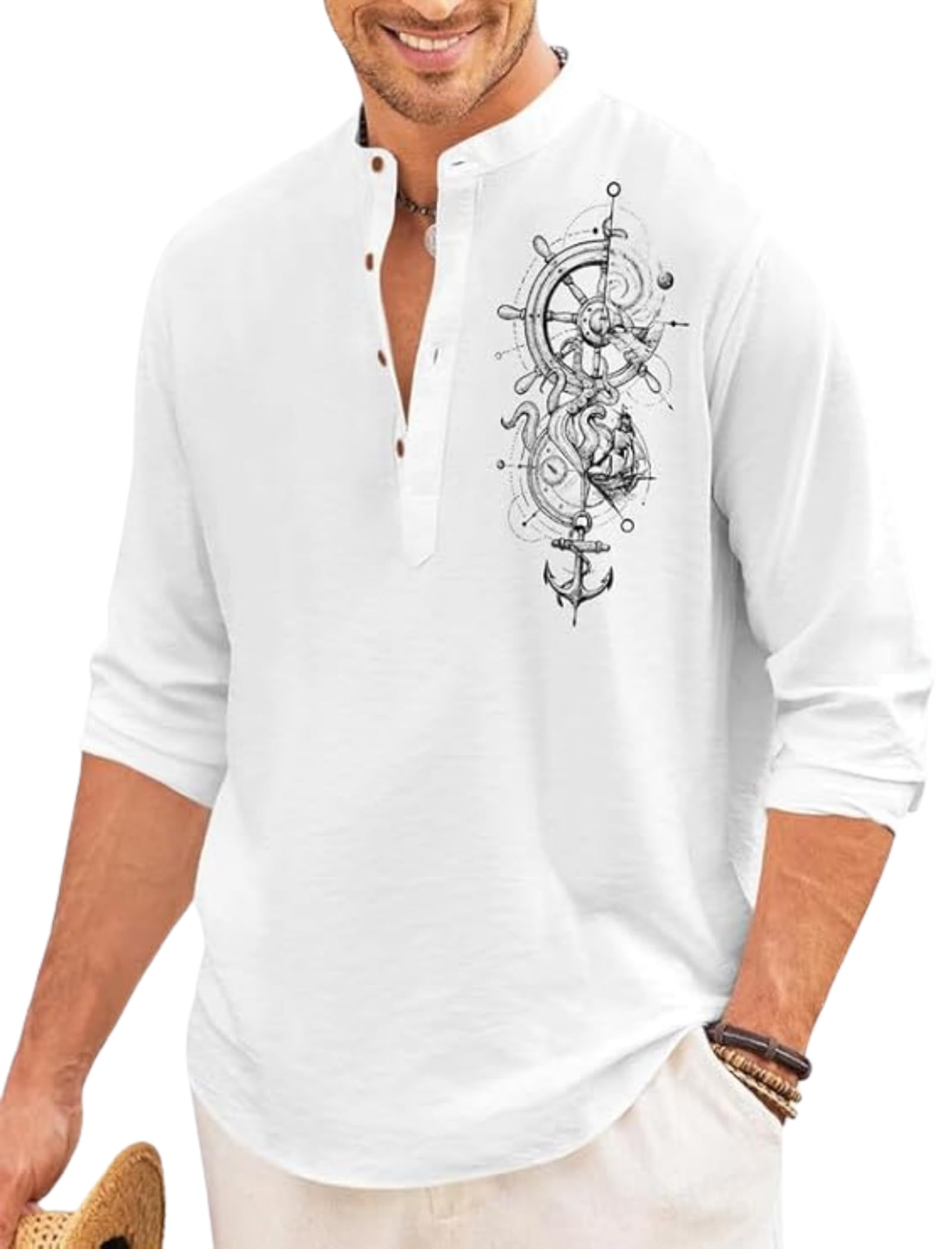 Men’s Cotton Blend Henley Style Kurta T-Shirt with Printed Nautical Graphic | Full Sleeve Casual Wear Top for Daily & Holiday Use-image-44