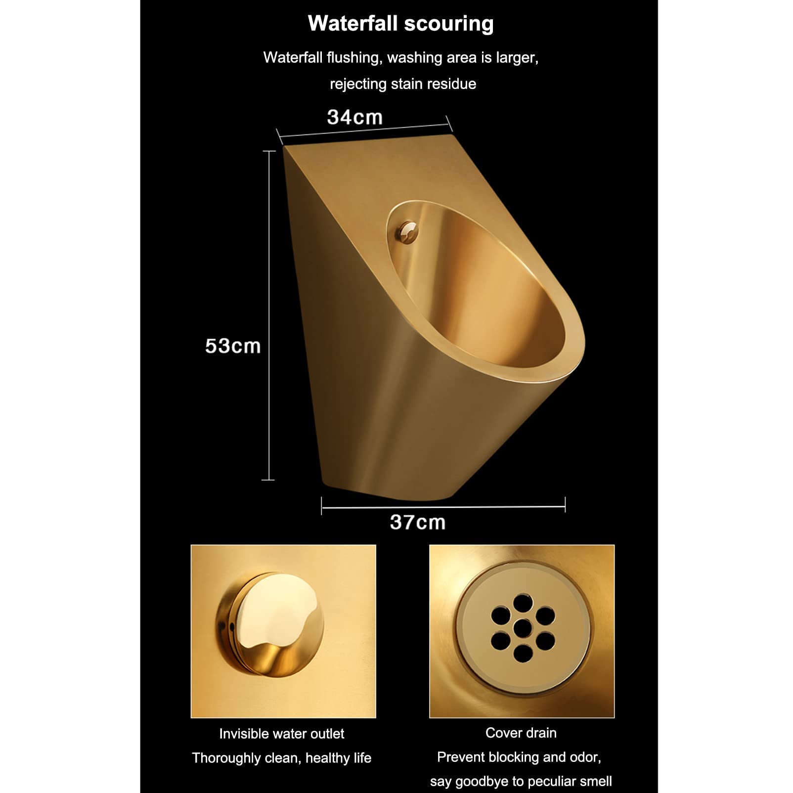 iumLeap Golden 304 Stainless Steel Urinal, Wall-Mounted Men's Urinal with Automatic Induction Flushing, Non-Contact Induction High-Efficiency Flushing Urinal, Suitable for Home,