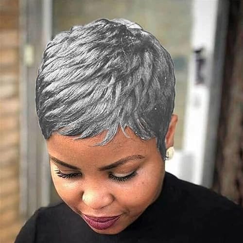 DOcute Pelucas cortas de corte Pixie gris para mujeres negras, pelucas grises Pixie para mujeres negras, pelucas cortas onduladas negras en capas,