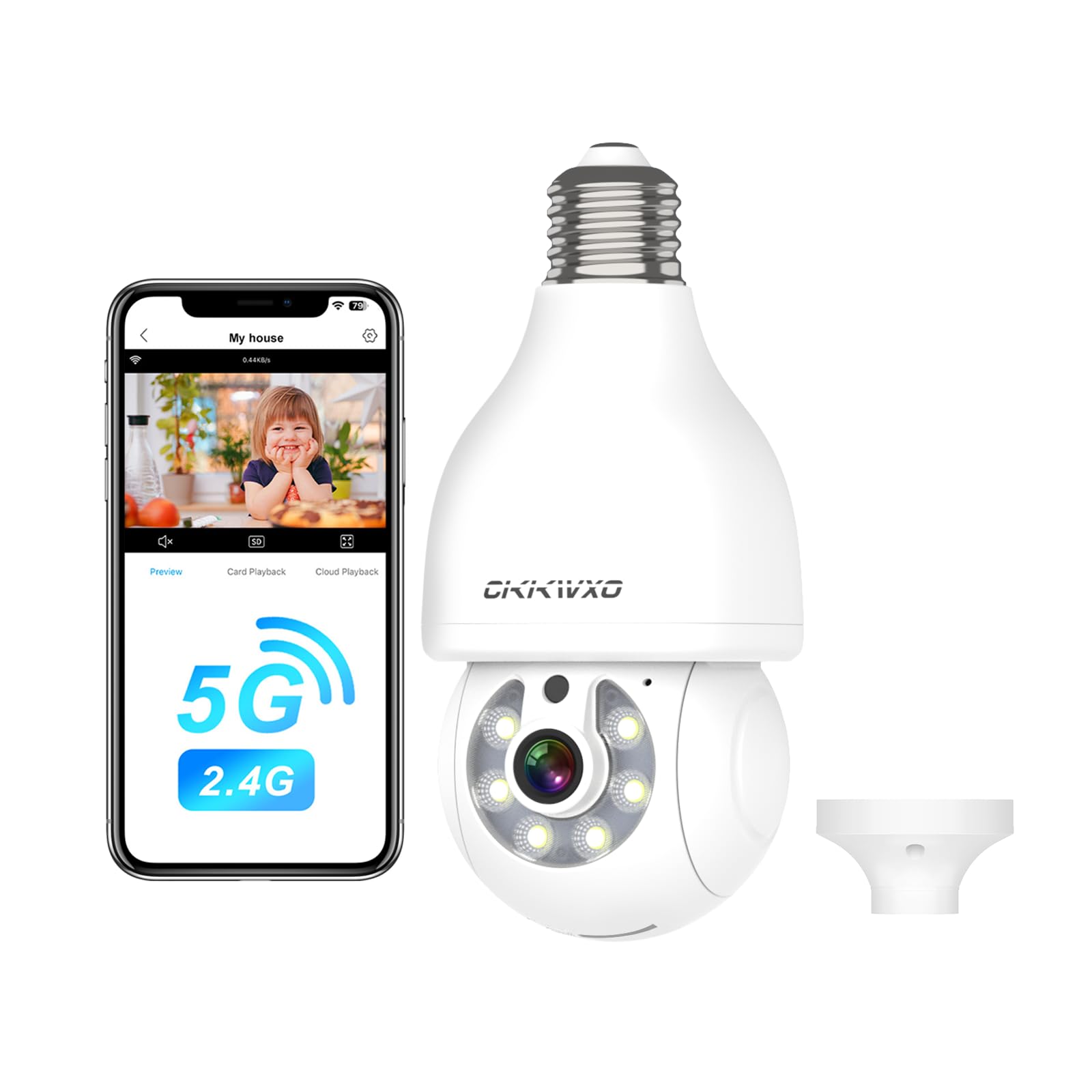 CiKiKWXO 2K 3MP Bombilla Camara Vigilancia WiFi Interior/Exterior (2.4/5 GHz) con Visión Nocturna en Color, Detección de Movimiento, Audio Bidireccional, Alexa, E27 Estándar (Pack1)