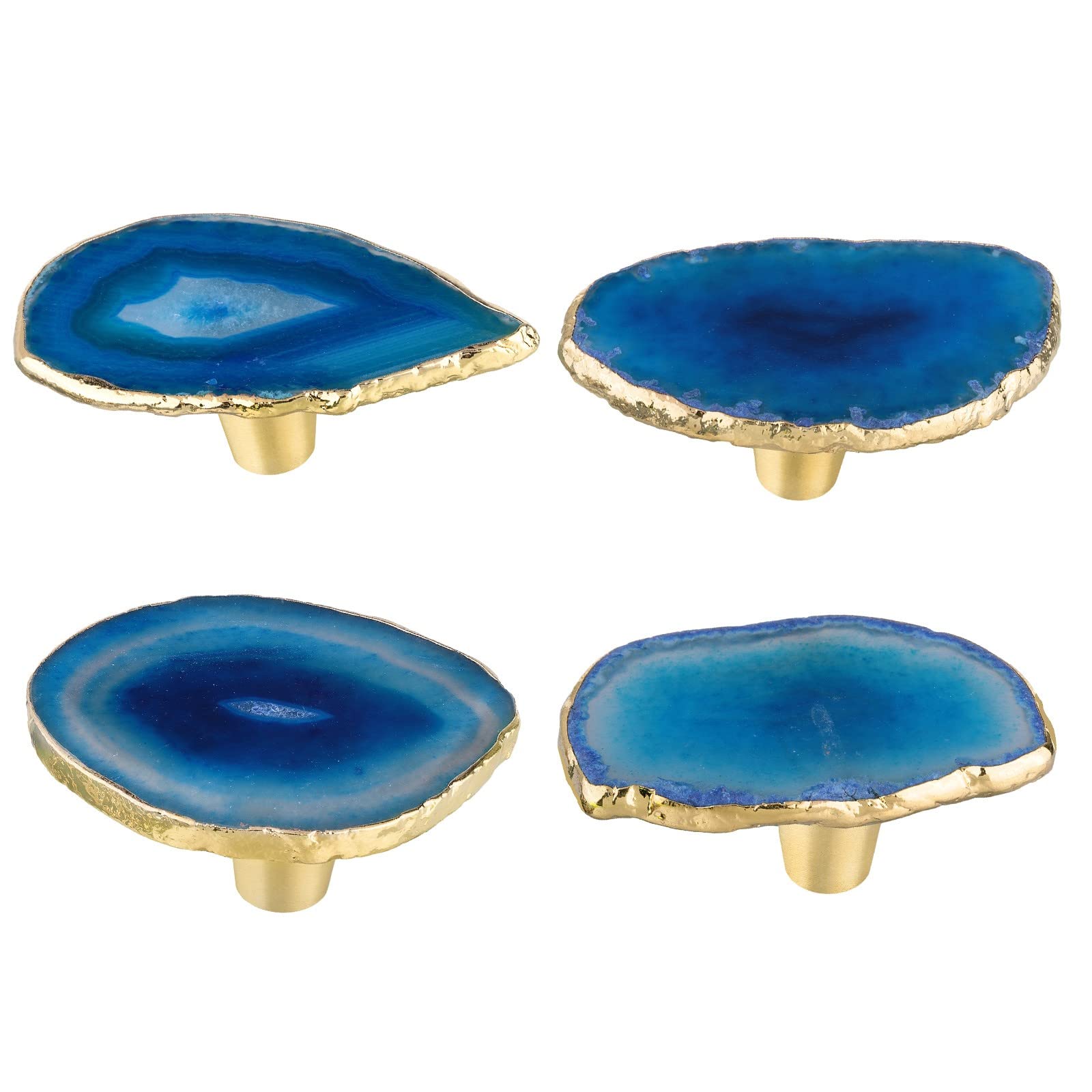 moonsix Set of 4 Agate Slice Cabinet Drawer Knobs with Golden Electroplated Edges, Vintage Drawer Pull Handles Decoration, Blue