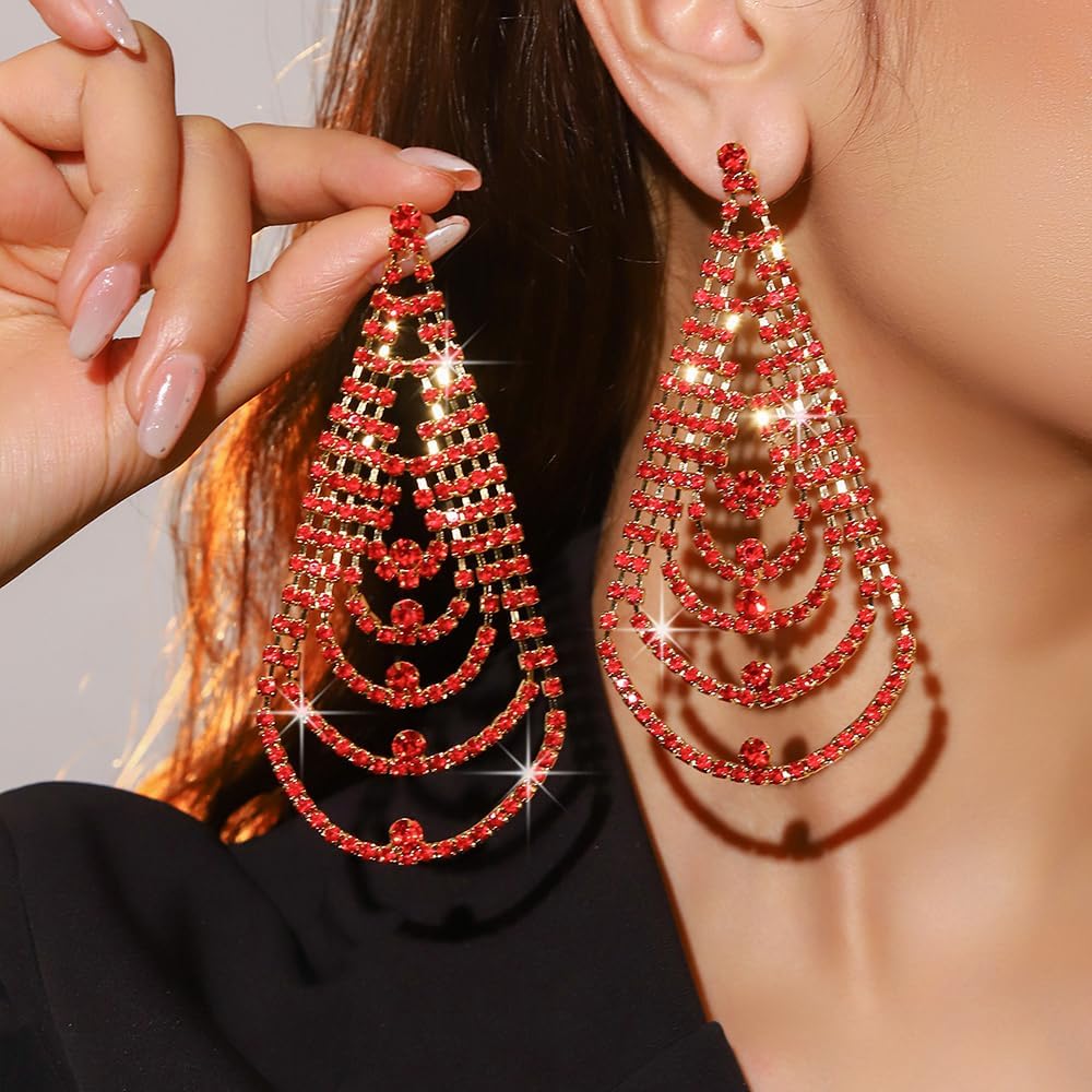 Octwine Boho Women Silver Long Rhinestone Earrings Sparkly Red Rhinestone Chandelier Dangle Drop Tassel Leaf Earrings Statement Silver Earrings Teardrop Dangle Earrings for Women - Image 3