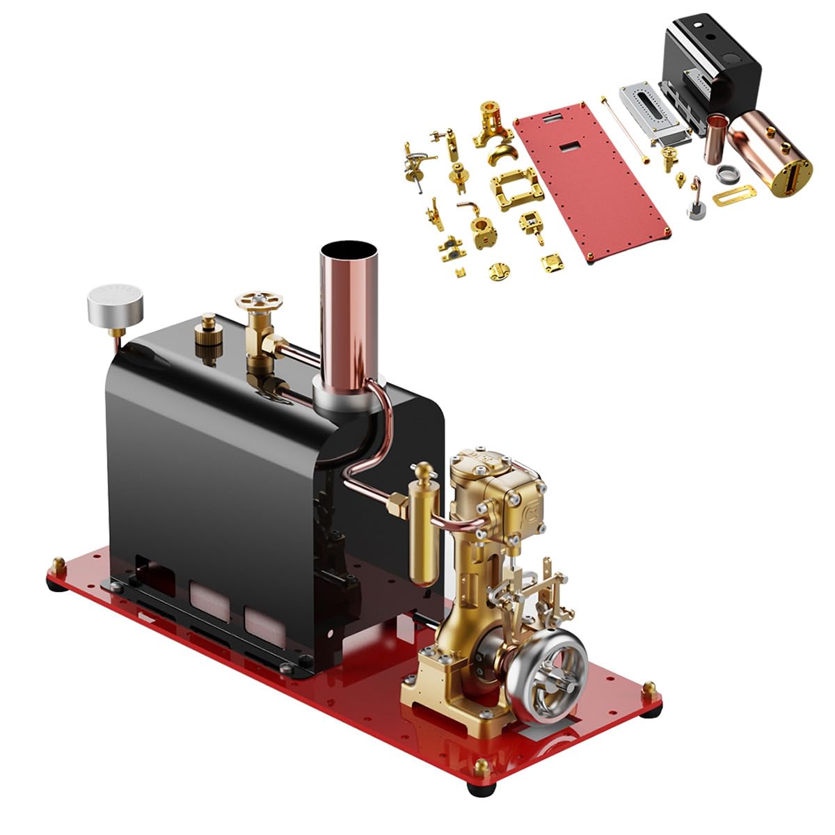 Dampfmaschinen Modellbausatz Der Funktioniert, RW-BL1K Mini Reversible Einzylinder Modellboote Live-Dampfmaschine mit Messingkessel für Dampfkraft Demonstration & Schreibtischdekoration