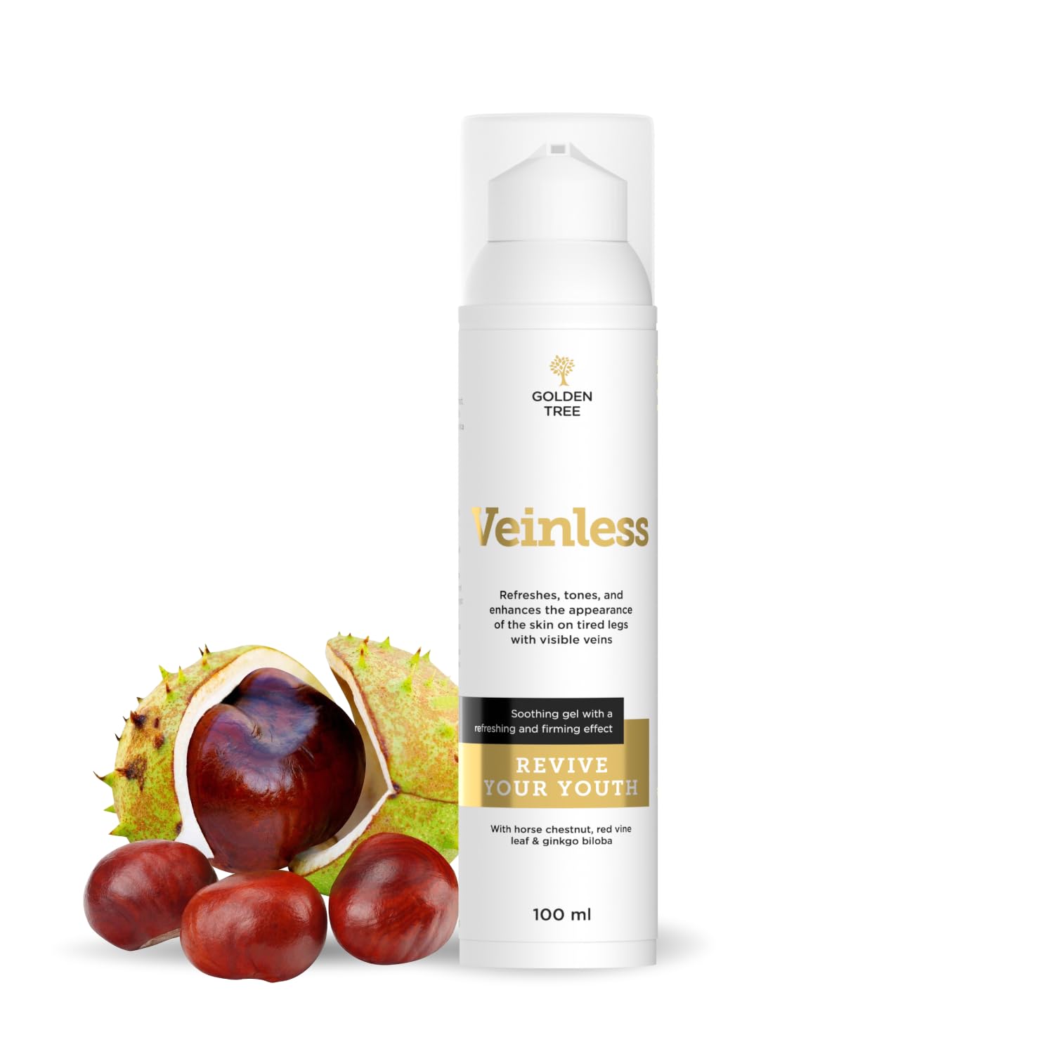 Golden Tree Veinless Kühlgel – Rosskastanien Salbe, 100 ml | Mit Ginkgo Biloba & Roter Weinrebe, Für müde Beine & Venenpflege, Ohne Parabene & Sulfate