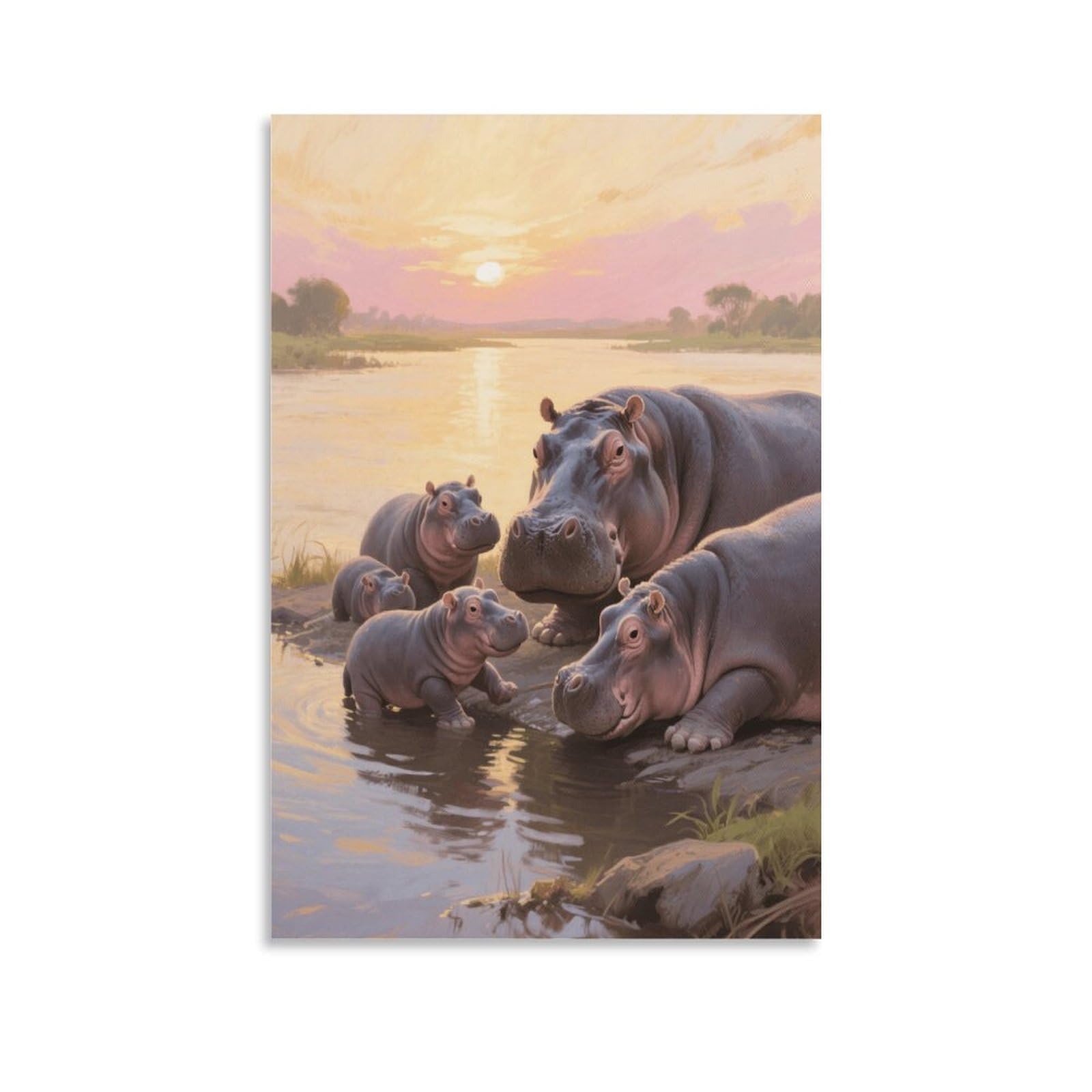 Emyxpaqm Unframe-Style-8 Hippo Canvas Wall Art Hippo Family Lake Giclee Canvas Prints Artwork For Living Room Bedroom Home Office Decor Gift 20X30inch(50X75cm)