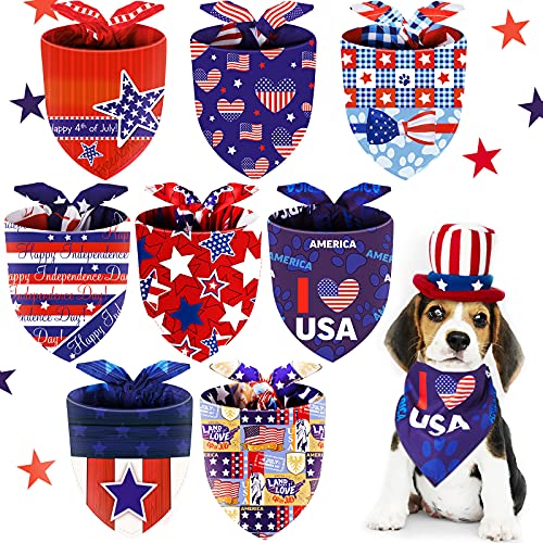 8 Pieces Patriotic Dog Bandana Independence Day Pet Bibs Scarfs American Flag Star Pet Scarfs Patriotic Neck Adjustable Pet Triangle Washable Kerchief for 4th of July Most Pets Wearing