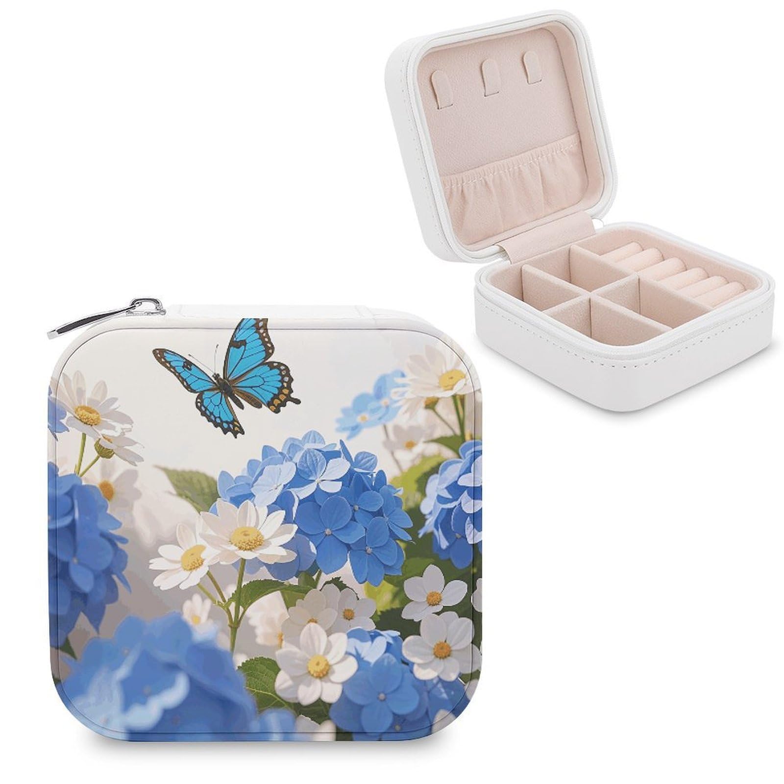 VstaDank Hydrangeas Daisies Butterflies Jewelry Box for Women Jewelry Organizer Storage Case with Zipper Mini Travel Jewelry Case Cute Trinket Organizer Leather Portable Jewelry Storage Box