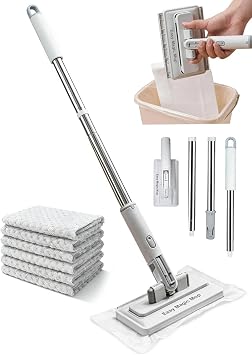 Snap Grip Mini Mop with Long Handle, Zero Touch Disposable Lazy Mop for Kitchen & Bathroom, 180 Swivel Head for Floor, Wall, and Corner Cleaning, Includes 6 Reusable & Washable Cloths