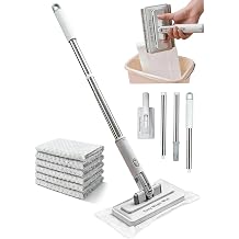 Snap Grip Mini Mop with Long Handle, Zero Touch Disposable Lazy Mop for Kitchen & Bathroom, 180 Swivel Head for Floor, Wall, and Corner Cleaning, Includes 6 Reusable & Washable Cloths