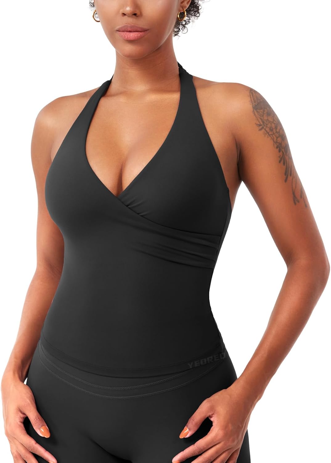 YEOREO Womens Halter Tank Tops Workout Impact Longline Strappy Top Padded Deep V Neck Wrap Gym Backless Bra Camisole
