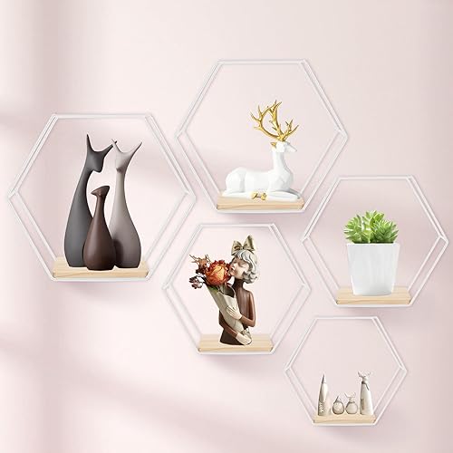 Juego de 5 estantes flotantes hexagonales montados en la pared, estantes blancos de metal moderno, estantes de partición de madera para decoración