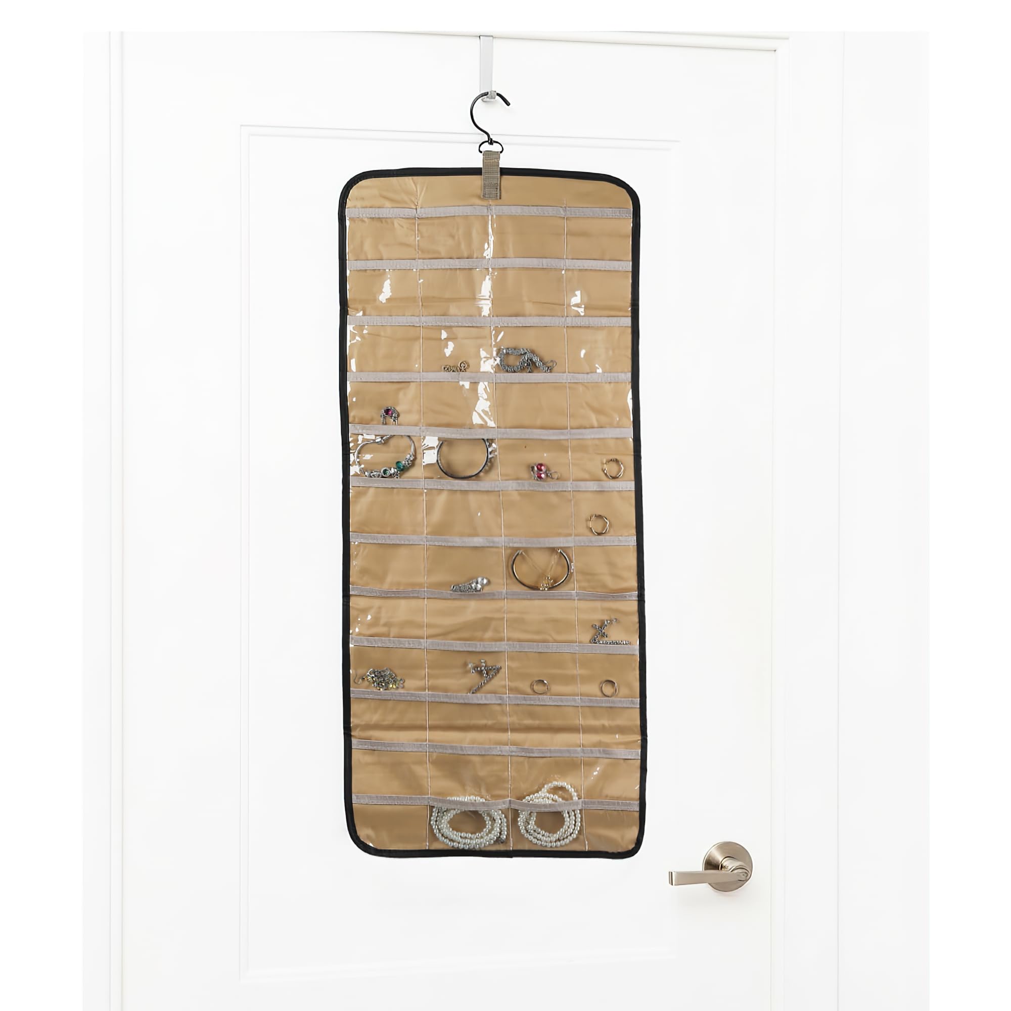 Organizador de Joyas Colgante de Doble Cara con Ganchos de Metal,Almacenamiento a Prueba de Polvo para Pendientes,Collares y Anillos–Joyero Colgante para Armario,Pared o Puerta (Negro,1 Pieza)