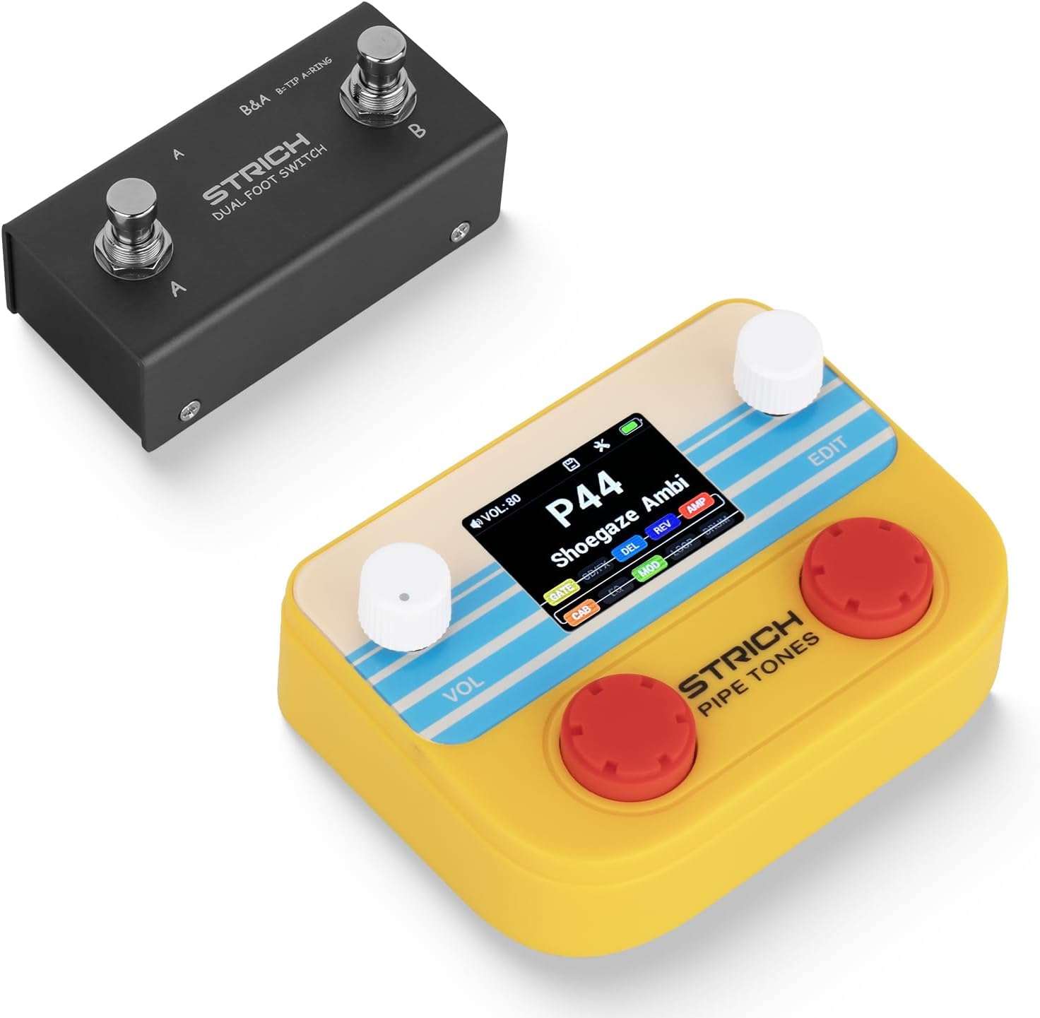 STRICH Pipe Tones Pocket Multi-Effects Processor for Guitar and Bass with Foot Pedal 10 Effect Modules 125 Effects 40s Looper 100 Drum Patterns USB Audio Interface Wireless Control (Orange)