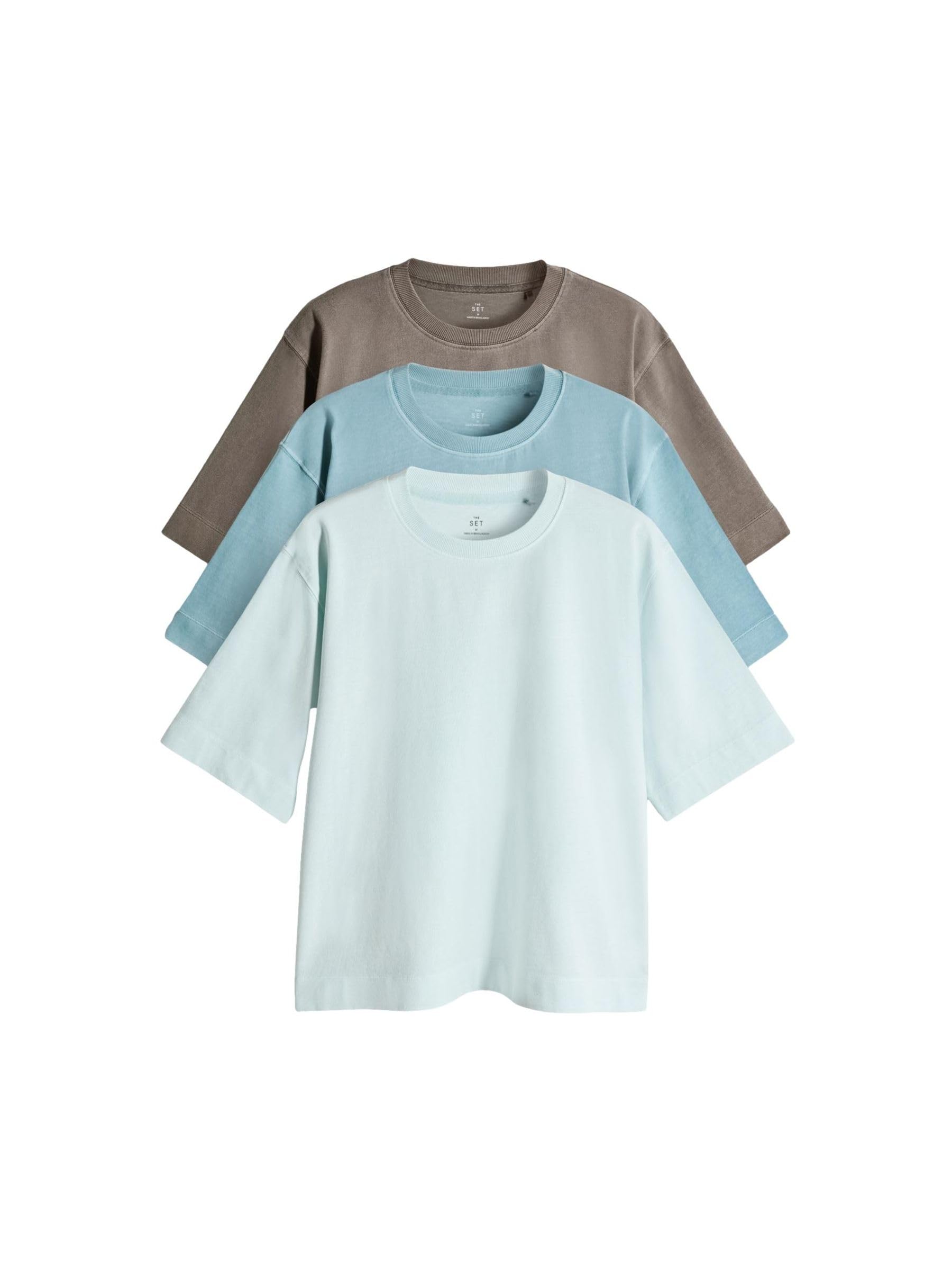 THE SET Femme T-Shirt Ras du Cou délavé à Manches Courtes, Lot de 3 | Coupe standard, 100 % coton