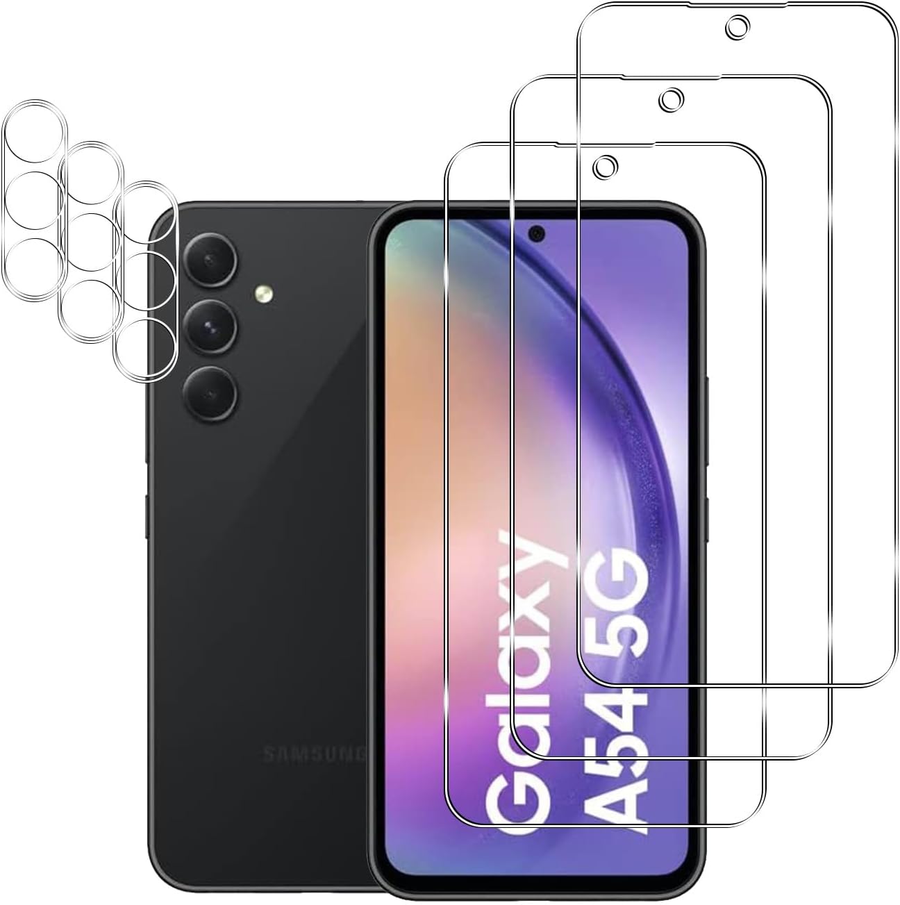 - [3+3] 3 Pack Tempered Glass Screen Protector for Samsung Galaxy A54 5G with 3 Pack Camera Lens Protector,HD Clear,9H Hardness, Anti Scratch,Compatible with Samsung Galaxy A54 5G