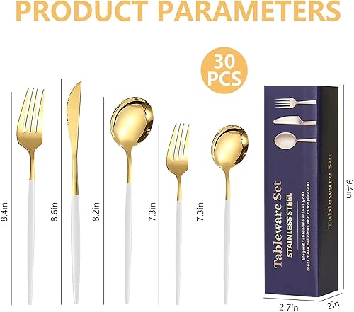 Miniatura 5 de Kawlity Cubiertos de acero inoxidable duraderos de color blanco y dorado, cuchillos pulidos, cuchara, tenedores, 30 piezas, vajilla de cena, para