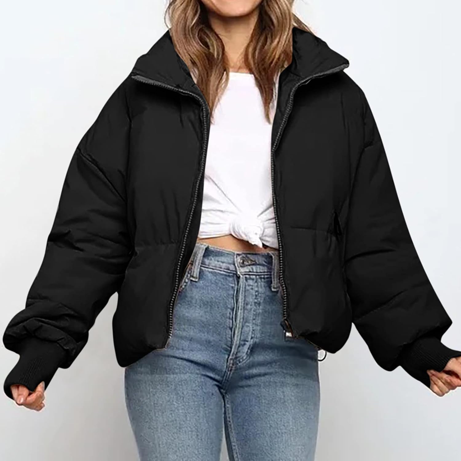 Women Winter Padded Jacket Lightweight Quilted Cropped Puffer Outdoor Jacket Stand-Up Collar Zip Outerwear Padded Coat